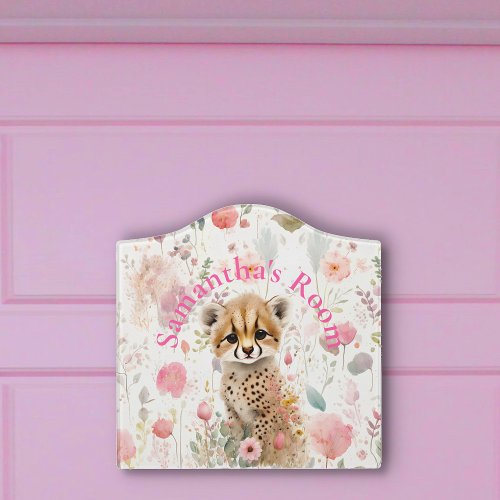 Cute Cheetah Cub Pastel Watercolor Spring Flowers  Door Sign