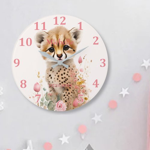 Cute Cheetah Cub Pastel Watercolor Spring Flowers Large Clock