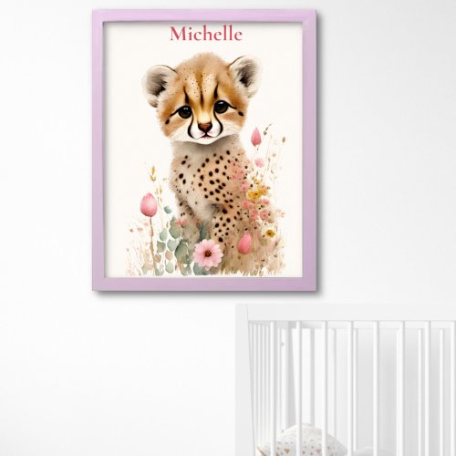 Cute Cheetah Cub Pastel Watercolor Spring Flowers Poster