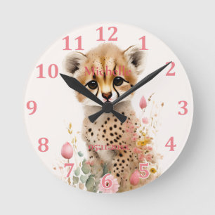 Cute Cheetah Cub Pastel Watercolor Spring Flowers Round Clock