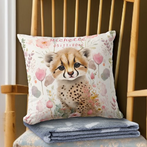 Cute Cheetah Cub Pastel Watercolor Spring Flowers Throw Pillow