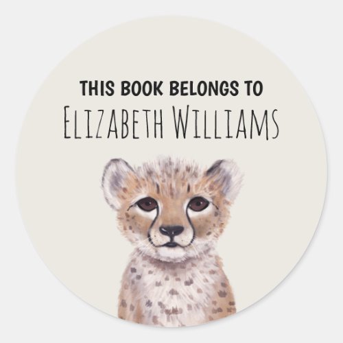 Cute Cheetah Cub Personalized Name School  Classic Round Sticker