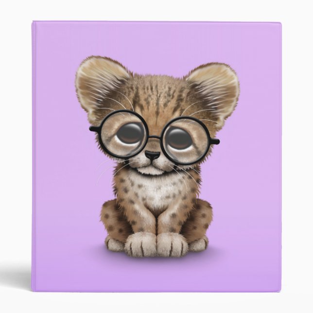 Cute Cheetah Cub Wearing Glasses on Purple 3 Ring Binder (Front)