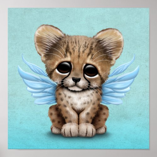 Cute Cheetah Cub with Fairy Wings on Blue Poster