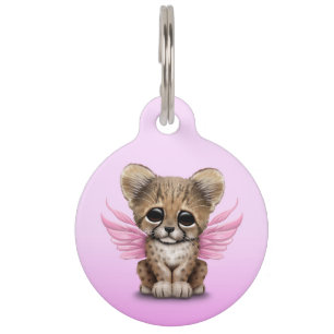 Cute Cheetah Cub with Fairy Wings on Pink Pet Name Tag