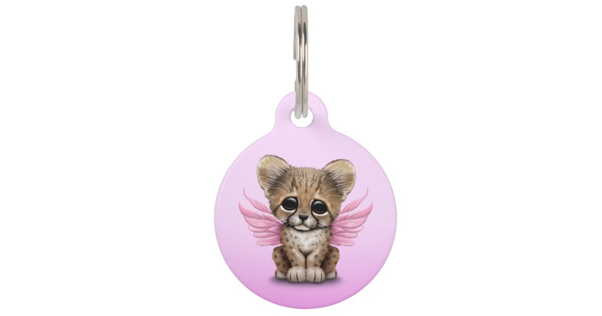 Cute Cheetah Cub With Fairy Wings On Pink Pet Name Tag Zazzle