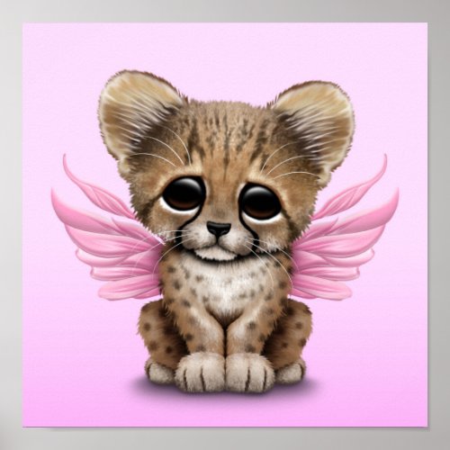 Cute Cheetah Cub with Fairy Wings on Pink Poster