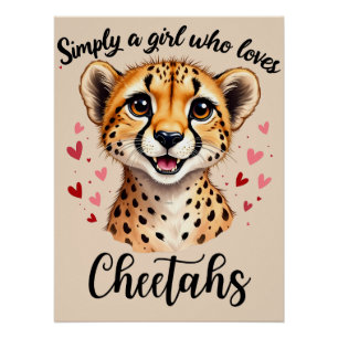 Cute Cheetah Lover Wildlife Art with Heart Accents Poster