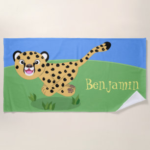 Cute cheetah running cartoon illustration beach towel