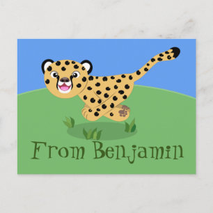 Cute cheetah running cartoon illustration postcard