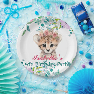 cute Cheetah zoo animals jungle Floral Birthday Paper Plates