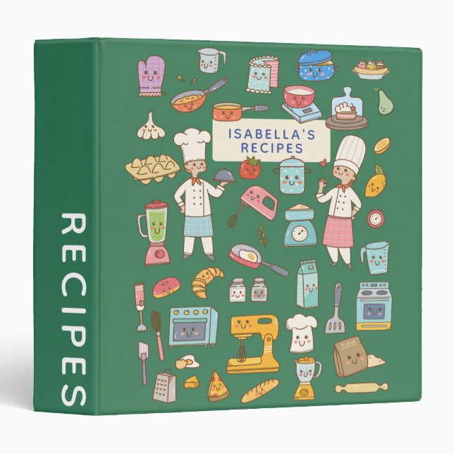 Cute Chef Cartoon Green Personalized Recipe 3 Ring Binder (Front/Spine)