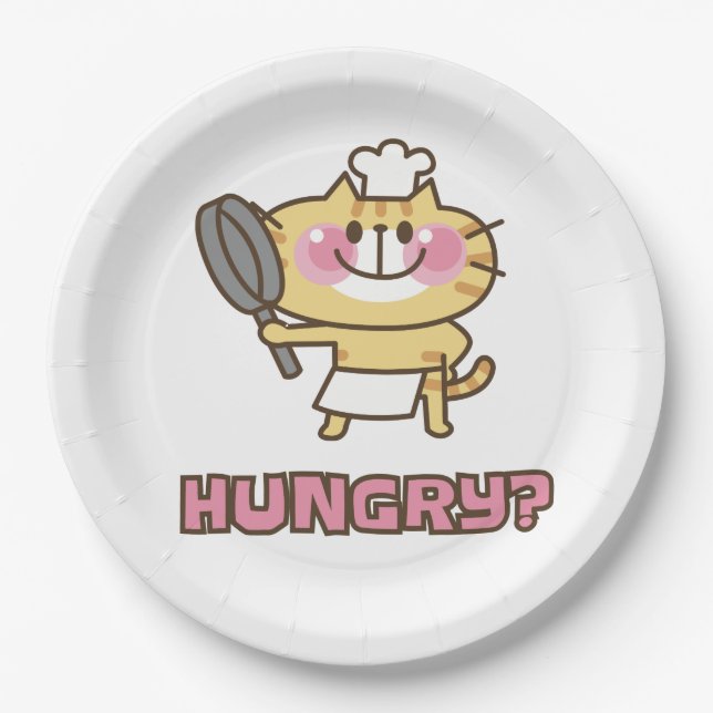Cute Chef Cat Hungry Quote Funny Cooking Paper Plates (Front)