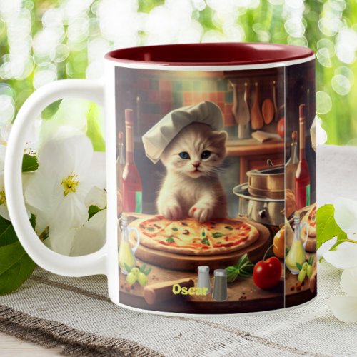 Cute chef Cat Making Pizza Personalized Name Two_Tone Coffee Mug