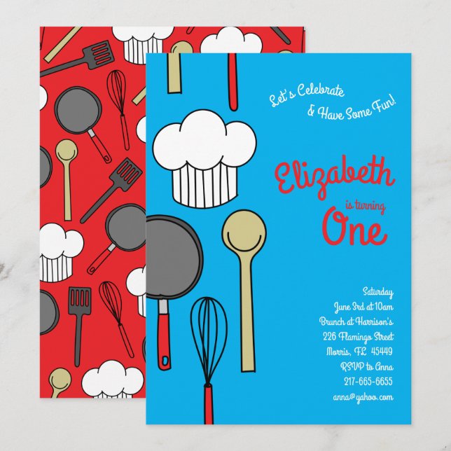 Cute Chef Cooking Kids 1st Birthday Party Invitation (Front/Back)