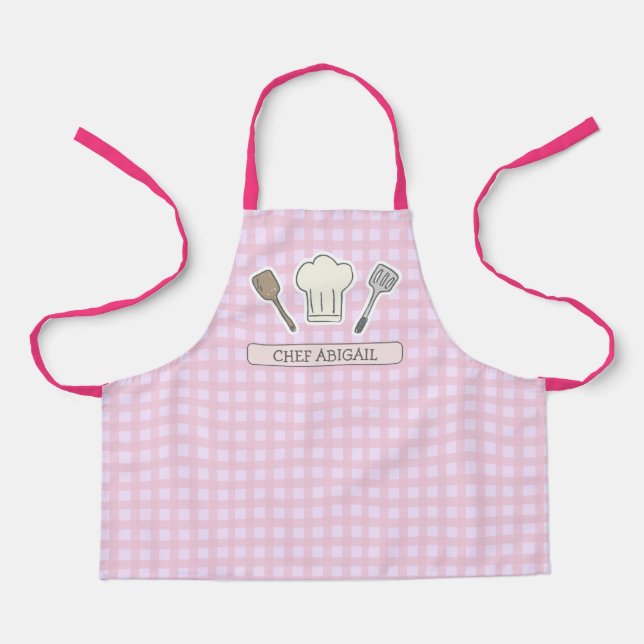 Cute Chef Cooking Personalized Pink Gingham Apron (Front)
