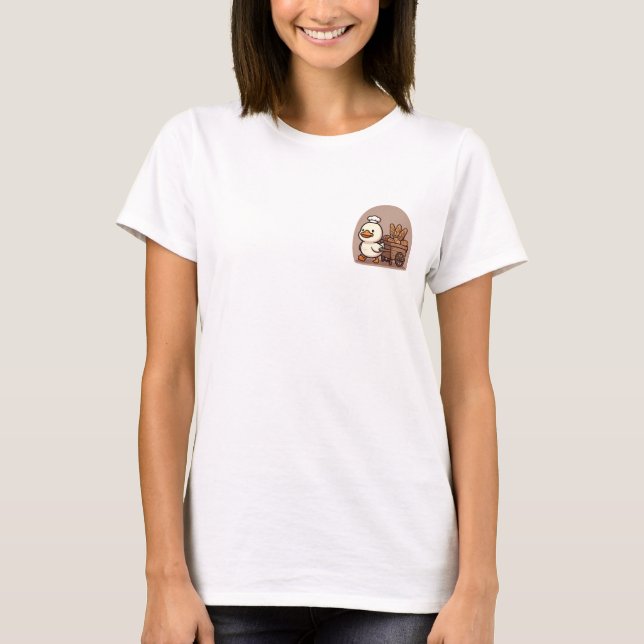 Cute Chef Duck Pulling Wooden Bread Cart Illustrat T-Shirt (Front)