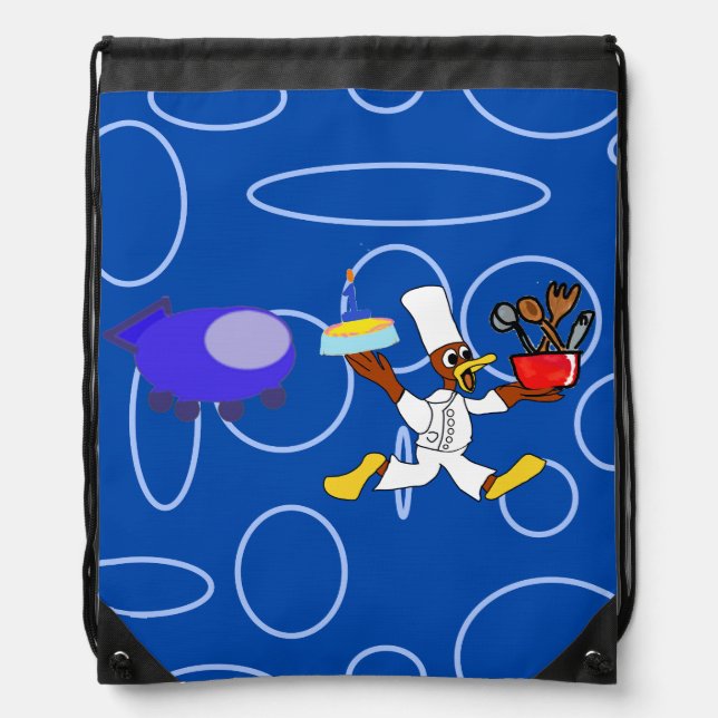 Cute Chef Ducky Kazoo Blue Circles Drawstring Bag (Front)