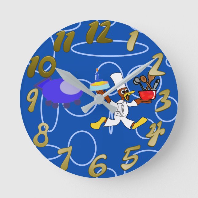 Cute Chef Ducky Kazoo Blue Circles Round Clock (Front)