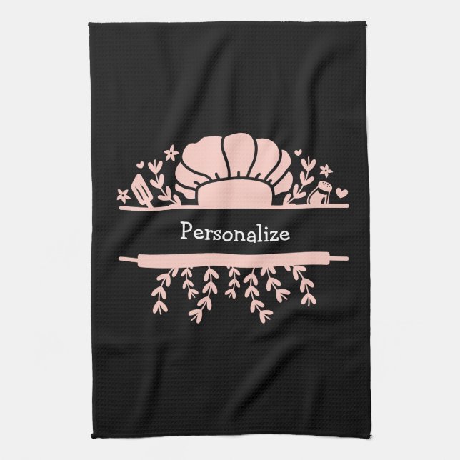 Cute Chef Hat Rolling Pin Baker Pink Black Kitchen Towel (Vertical)