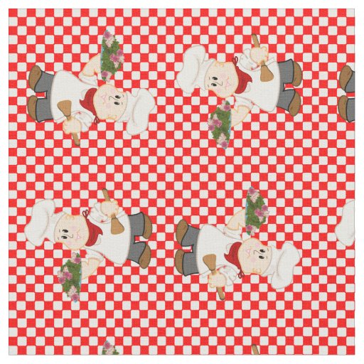Cute Chef On A Red Check Background Fabric