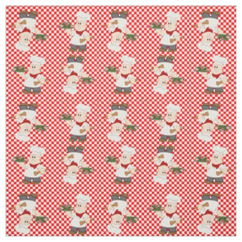 Cute Chef On A Red Check Background Fabric