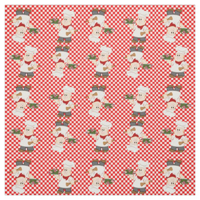 Cute Chef On A Red Check Background Fabric (Swatch)