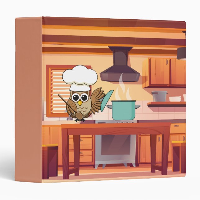 Cute Chef Owl Cooking in Kitchen 3 Ring Binder (Front/Spine)