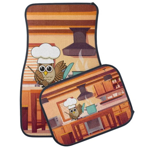 Cute Chef Owl Cooking in Kitchen Car Floor Mat