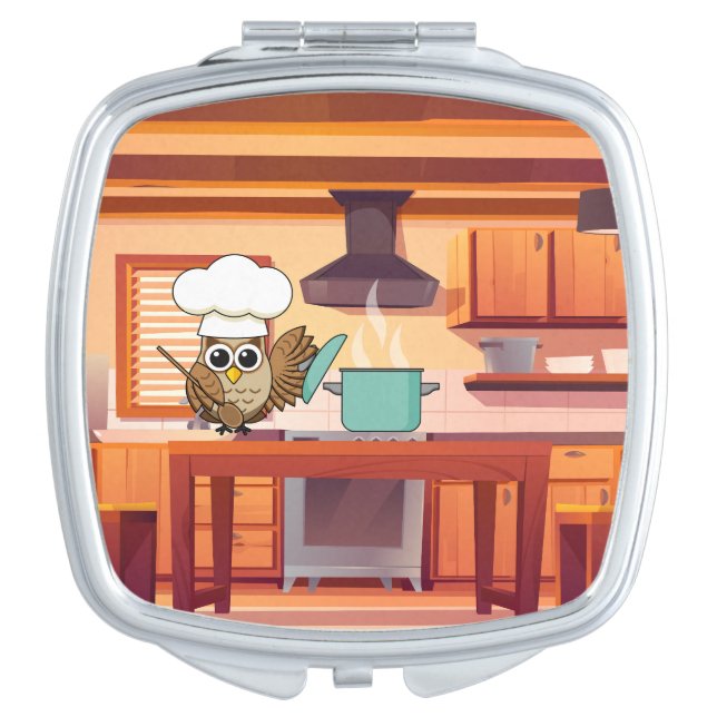 Cute Chef Owl Cooking in Kitchen Compact Mirror (Front)