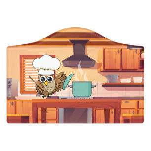 Cute Chef Owl Cooking in Kitchen Door Sign