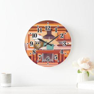 Cute Chef Owl Cooking in Kitchen Large Clock