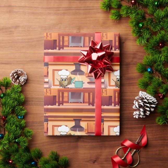 Cute Chef Owl Cooking in Kitchen Wrapping Paper (Holiday Gift)
