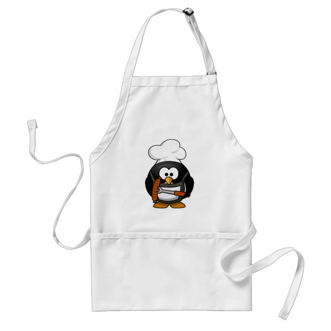 Cute Chef Penguin Cooking A Sausage Adult Apron (Front)