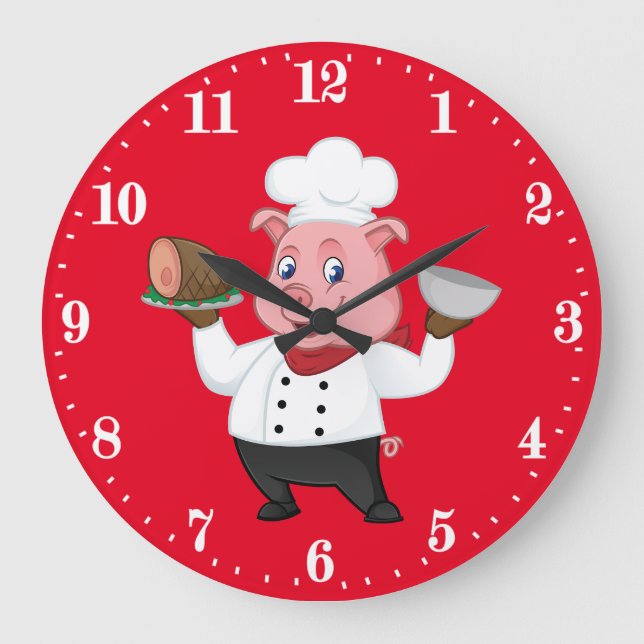 Cute Chef pig kitchen wall decor Large Clock (Front)