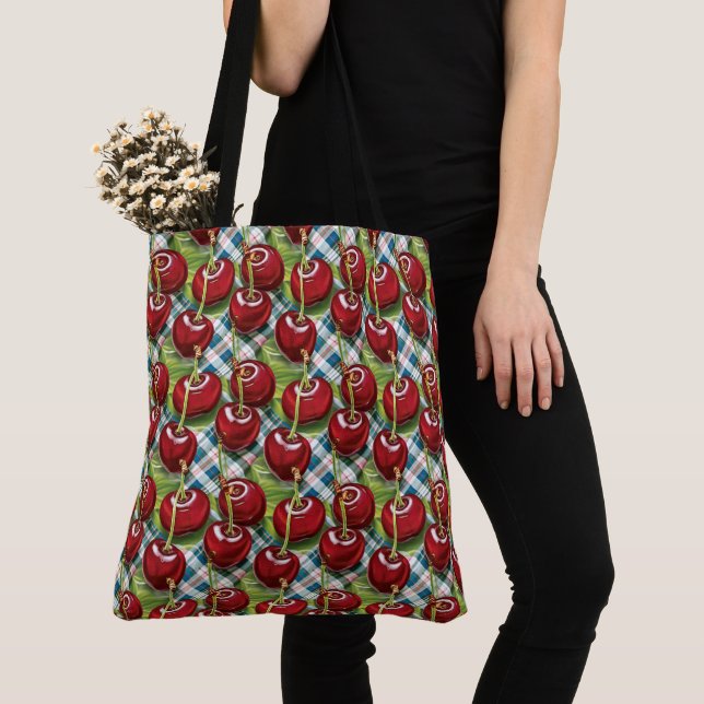 Cute Cherries Checkered Mid-Century Tote Bag (Close Up)