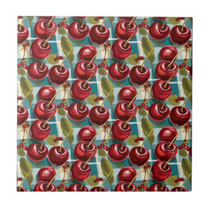 Cute Cherries Checkered Plaid Pattern Ceramic Tile