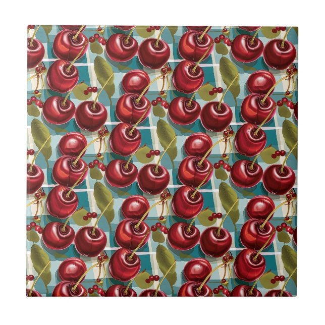 Cute Cherries Checkered Plaid Pattern  Ceramic Tile (Front)