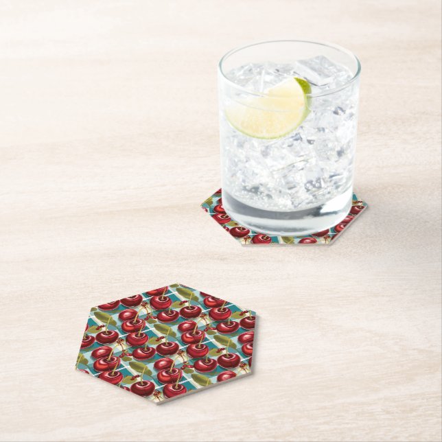 Cute Cherries Checkered Plaid Pattern  Paper Coaster (Insitu)