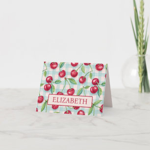 Cute Cherries on Aqua Gingham Plaid Note Card
