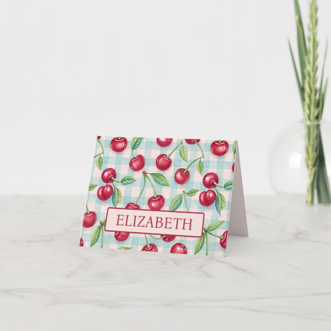 Cute Cherries on Aqua Gingham Plaid Note Card (Front)