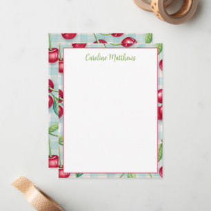 Cute Cherries on Aqua Gingham Plaid Note Card