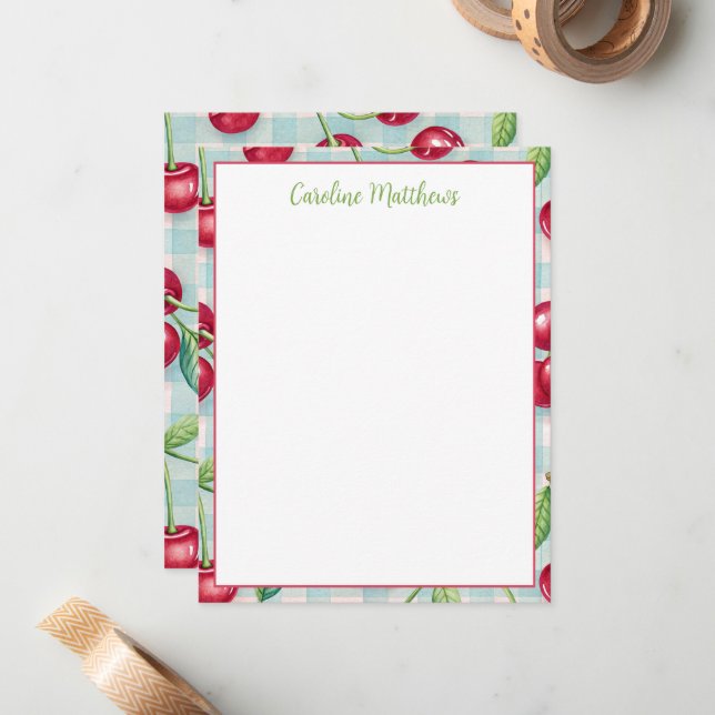 Cute Cherries on Aqua Gingham Plaid Note Card (Front/Back In Situ)
