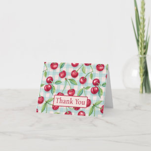 Cute Cherries on Aqua Gingham Plaid Thank You Card