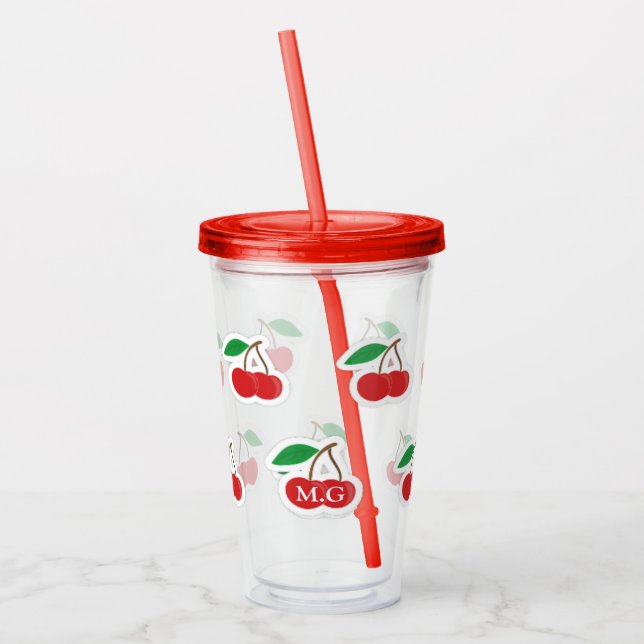 Cute Cherries Pattern Monogram Acrylic Tumbler (Left)
