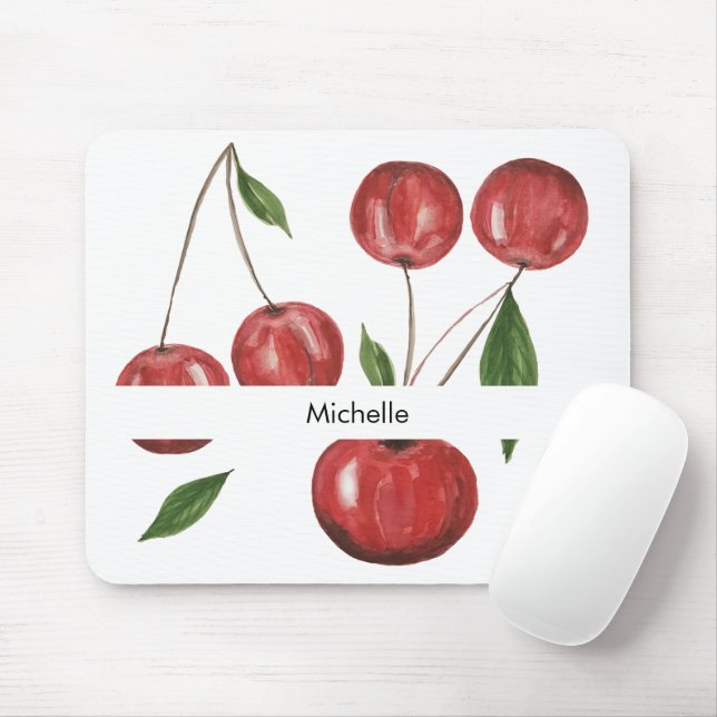 Cute Cherries Watercolor Illustration Monogrammed Mouse Pad (With Mouse)