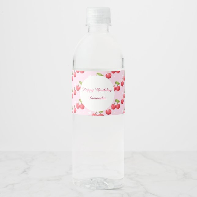 Cute Cherry 1st Birthday Party Water Bottle Label (Front)