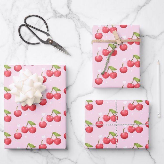 Cute Cherry 1st Birthday Party Wrapping Paper Sheets (Front)