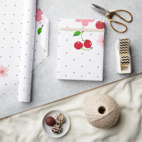 Cute Cherry and Blossom Pattern Wrapping Paper