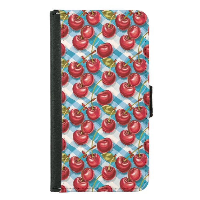 Cute Cherry and Blue Plaid Pattern  Samsung Galaxy Wallet Case (Front)